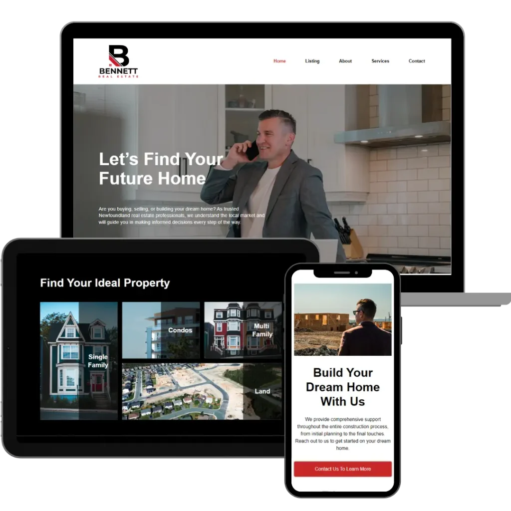 Collage showing branded web design for Rob Bennett Real Estate: three website screenshots displayed on mobile, laptop, and tablet, alongside three logo variations.